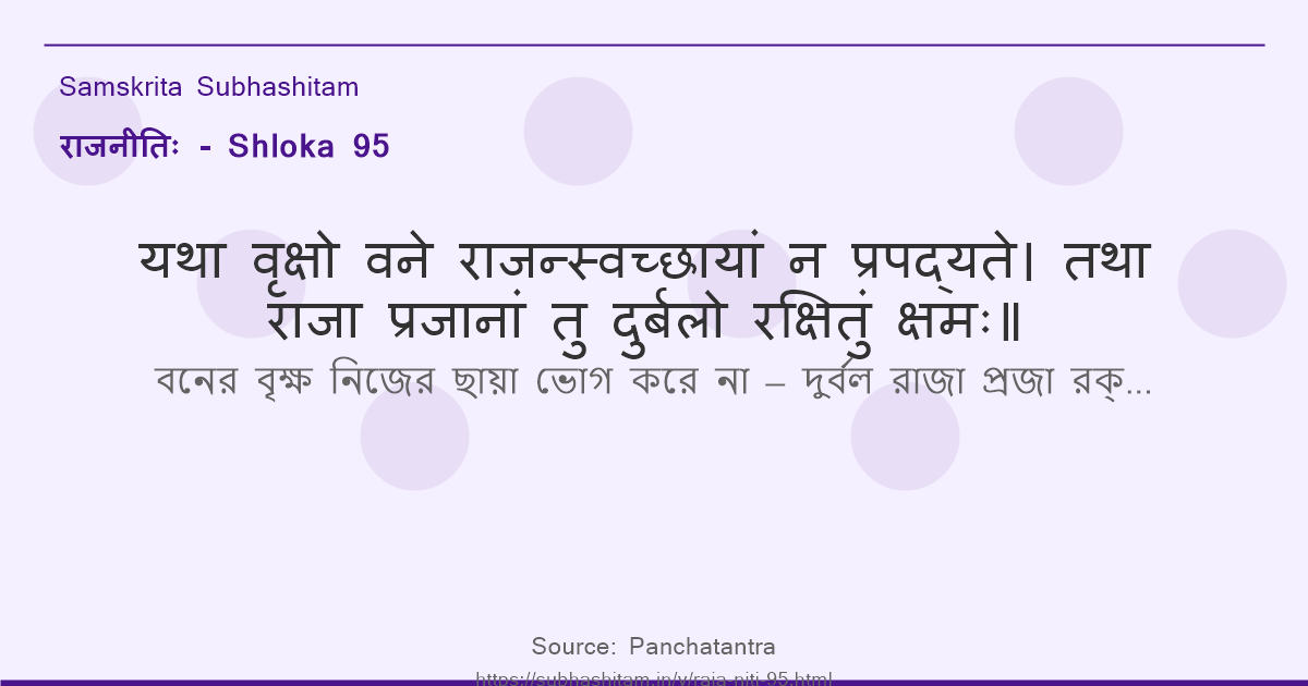 राजनीतिः Shloka 95 - यथा वृक्षो वने राजन्स्वच्छायां